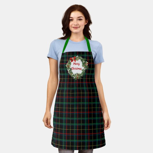 Tablier Tartan de Noël avec couronne de Noël (Porté)