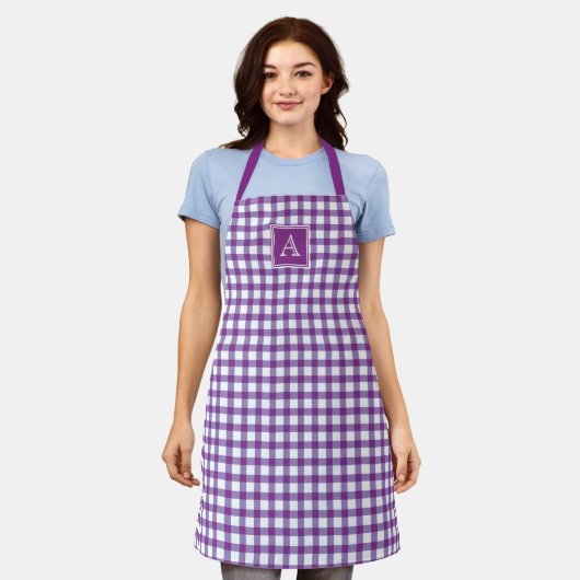 Tablier Tartan mauve En vichy plaid Monogramme moderne (Porté)