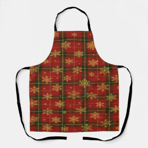 Tablier Tartan Rouge Classique avec Flocons de Neige Dorés