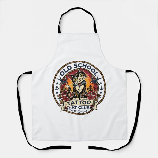 Tablier Tatouage École Ancienne Chat Mignon Kitty Design - (Recto)