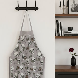 Tablier Taupe Crânes gothiques et Roses Nom personnalisé