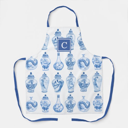 Tablier Tendance bleu blanc Chinoiserie Ginger Jars Monogr (Recto)