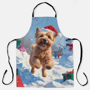 Tablier Terrier Wheaten courant dans la neige avec un chap