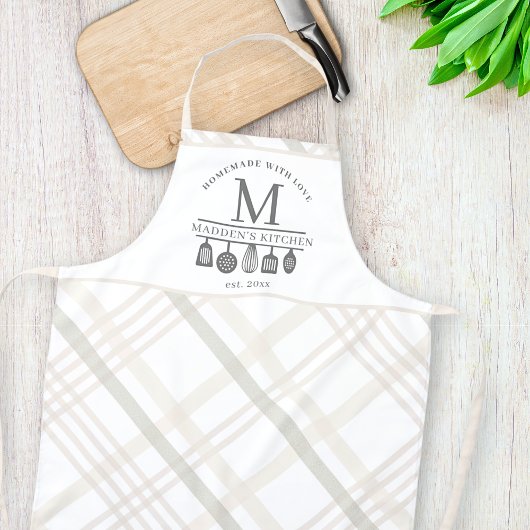 Tablier Texte personnalisé | Monogramme Plaid Buffalo Blan