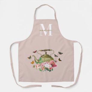 Tablier Théière Party Fleurs Roses et Papillons Monogramme