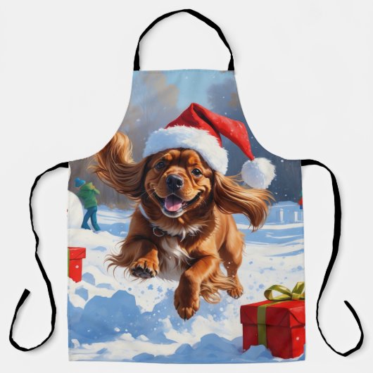 Tablier Tibétain Spaniel courant dans la neige avec un cha (Recto)