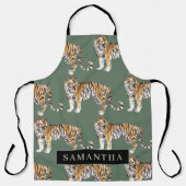 Tablier Tigres d'aquarelle verte tropicale Motif avec nom (Recto)