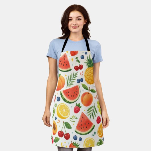 Tablier Tissu à motif de fruits d'été | Pastèque tropicale (Porté)