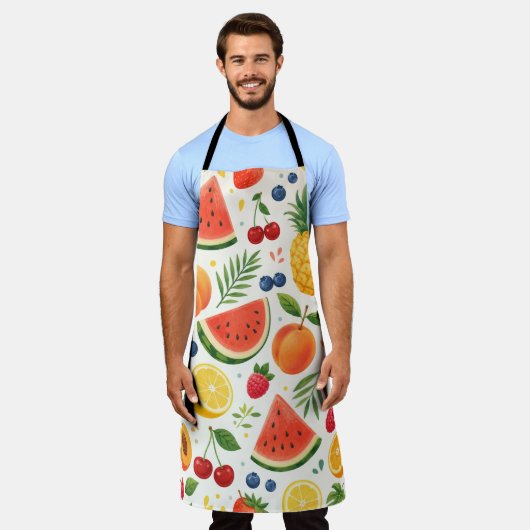 Tablier Tissu à motif de fruits d'été | Pastèque tropicale (Porté)