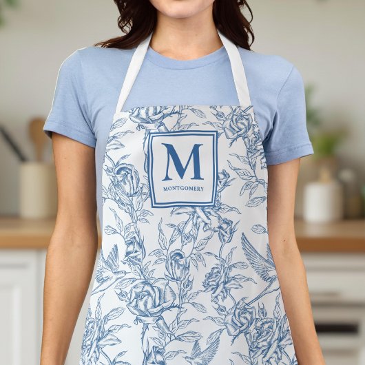 Tablier Toile de Jouy Bleue Monogramme Nom Français