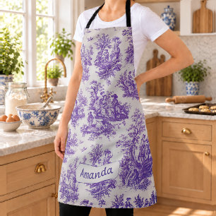 Tablier Toile de Jouy florale violette vintage monogramme