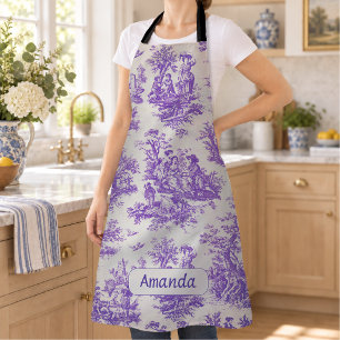 Tablier Toile de Jouy florale violette vintage monogramme
