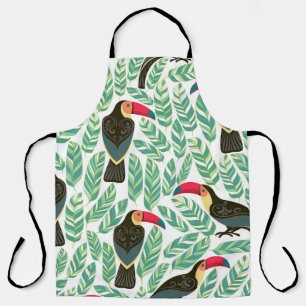 Tablier Toucans, feuilles tropicaux, motif décoratif.