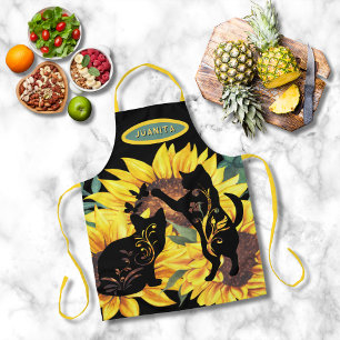 Tablier Tournesol Chats Noirs Aquarelle Florale
