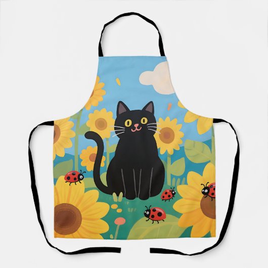 Tablier Tournesols coccinelles chat noir (Recto)