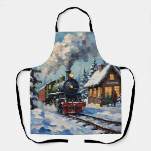 Tablier Train à vapeur de Noël vintage à la gare enneigée