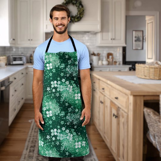 Tablier Trèfles et points blancs chic sur fond vert foncé