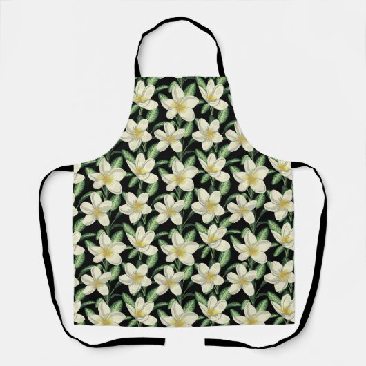 Tablier Tropical continu motif fleurs blanches feuille ver (Recto)