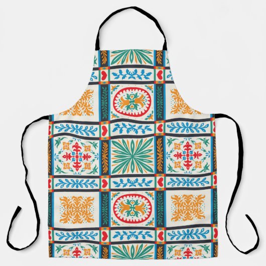 Tablier tuile en majolique italienne. Broderie avec fleurs (Recto)