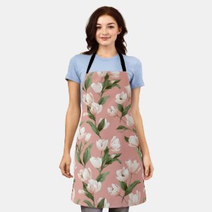 Tablier Tulipe Rose Pâle Motif Floral Blanc