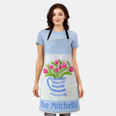 Tablier Tulipes Aquarelles Peintes à la main, Pitcher Bleu (Porté)