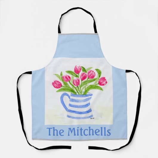 Tablier Tulipes Aquarelles Peintes à la main, Pitcher Bleu (Recto)