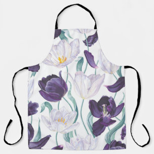 Tablier Tulipes pourpres : Vintage réalisme blanc.