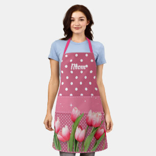 Tablier Tulipes roses modèles sur Pois roses et blancs