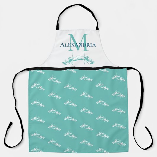 Tablier Turquoise Bleu Blanc Monogramme Nom Motif homard (Recto)
