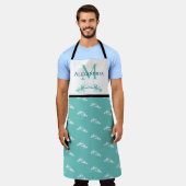 Tablier Turquoise Bleu Blanc Monogramme Nom Motif homard (Porté)