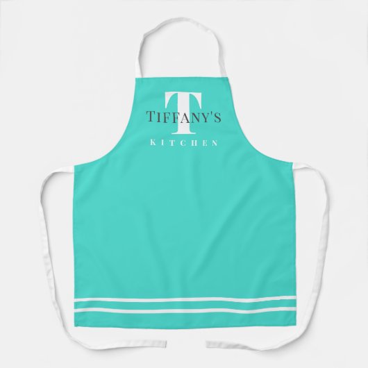 Tablier Turquoise blue custom name monogram kitchen apron (Recto)
