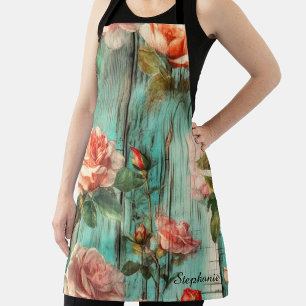 Tablier Turquoise Bois Personnalisé & Rose Vintage