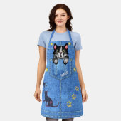 Tablier Tuxedo Chat à Faux Denim Poche avec nom personnali (Porté)