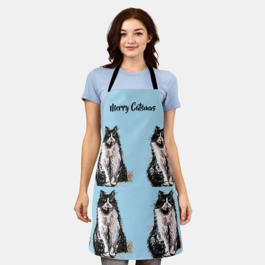 Tablier Tuxedo Chat Merry Catsmus Bleu Noël (Porté)