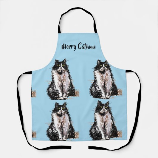 Tablier Tuxedo Chat Merry Catsmus Bleu Noël (Recto)