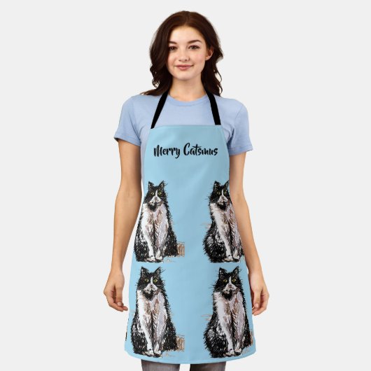 Tablier Tuxedo Chat Merry Catsmus Blue Christmas Apron (Porté)