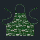 Tablier Typographie verte personnalisée Nom Collage Enfant<br><div class="desc">Un tablier de Noël vert et festif décoré en neuf polices différentes épelant votre nom de famille en blanc. Joli cadeau personnalisé pour enfants avec une typographie amusante.</div>