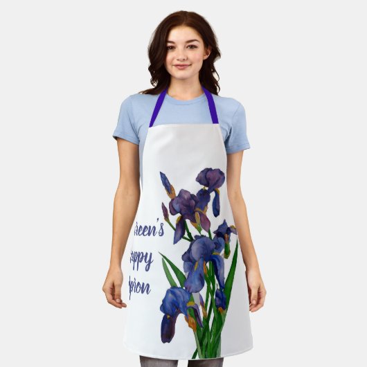 Tablier Un Iris Apron violet avec nom et message (Porté)