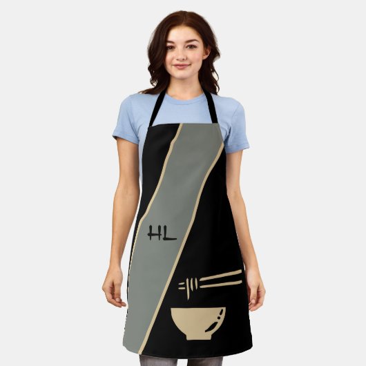 Tablier Unique en noir asiatique monogramme avec baguettes (Porté)