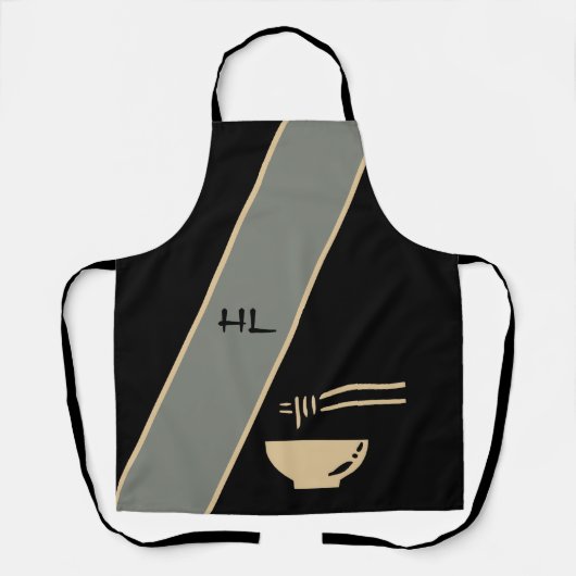 Tablier Unique en noir asiatique monogramme avec baguettes (Recto)