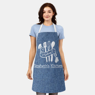 Tablier Ustensiles de cuisine en faux denim bleu personnal