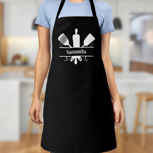 Tablier Ustensiles de cuisine monogramme noir