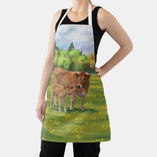 Tablier Vache d'Aubrac et veau mignon dans le pâturage de (Insitu)