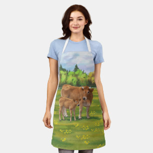 Tablier Vache d'Aubrac et veau mignon dans le pâturage de