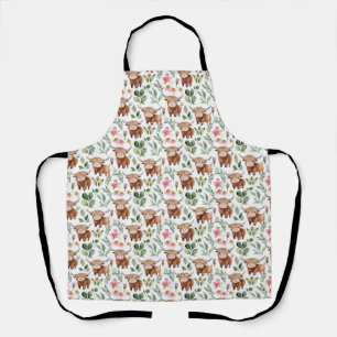 Tablier Vaches Highland et fleurs roses Motif Floral