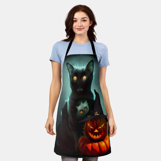 Tablier Vampire Cat and Wizard Pumpkin Halloween Surreal (Porté)