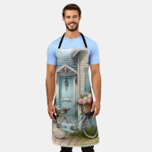 Tablier Vélo de chalet bleu avec panier à fleurs de printe (Porté)