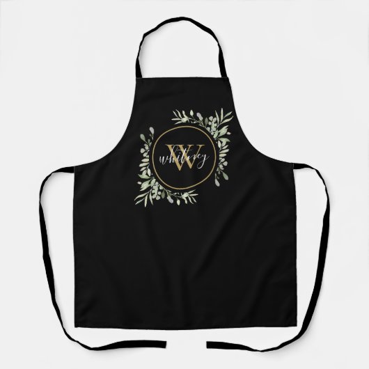 Tablier Verdure Foliage Or Monogramme Chic Script Noir (Recto)