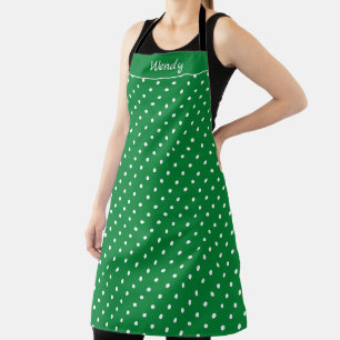 Tablier Vert de Noël et pois blancs avec nom