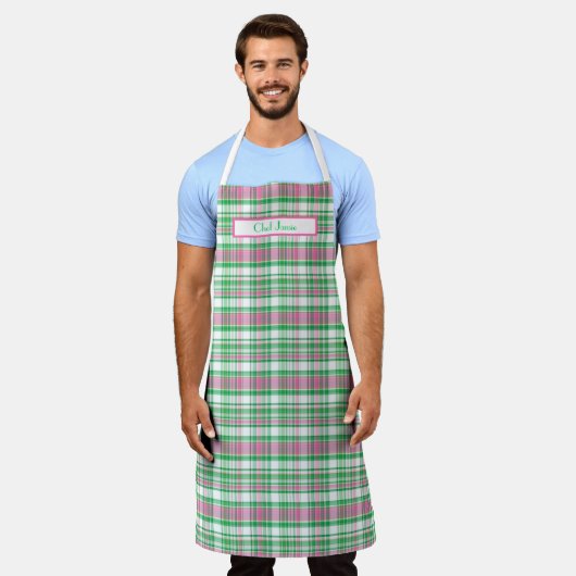 Tablier Vert émeraude rose chaud blanc Madras prépa (Porté)